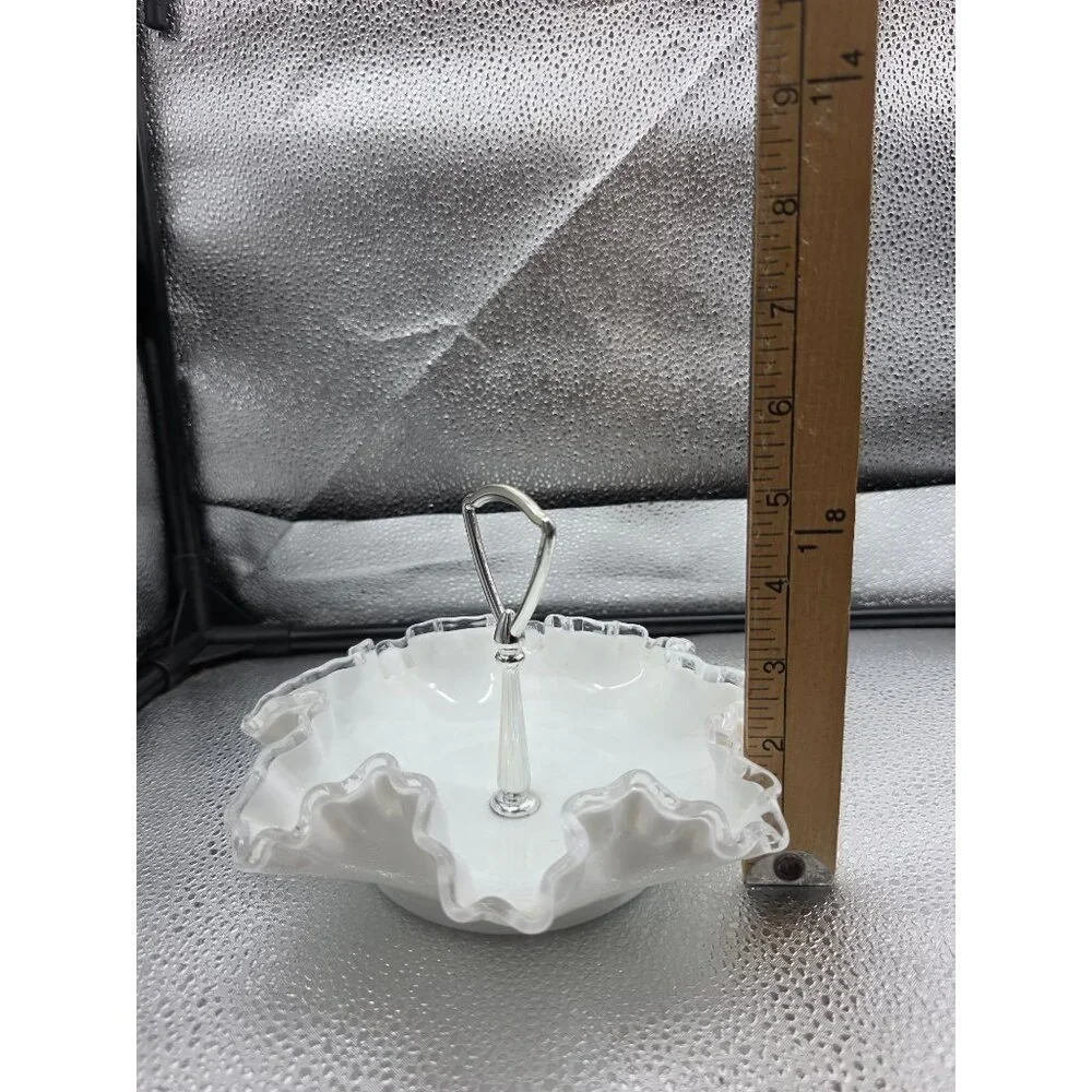 Vintage Fenton Milk Glass Silver Handle Ruffled Edge Candy Dish‎